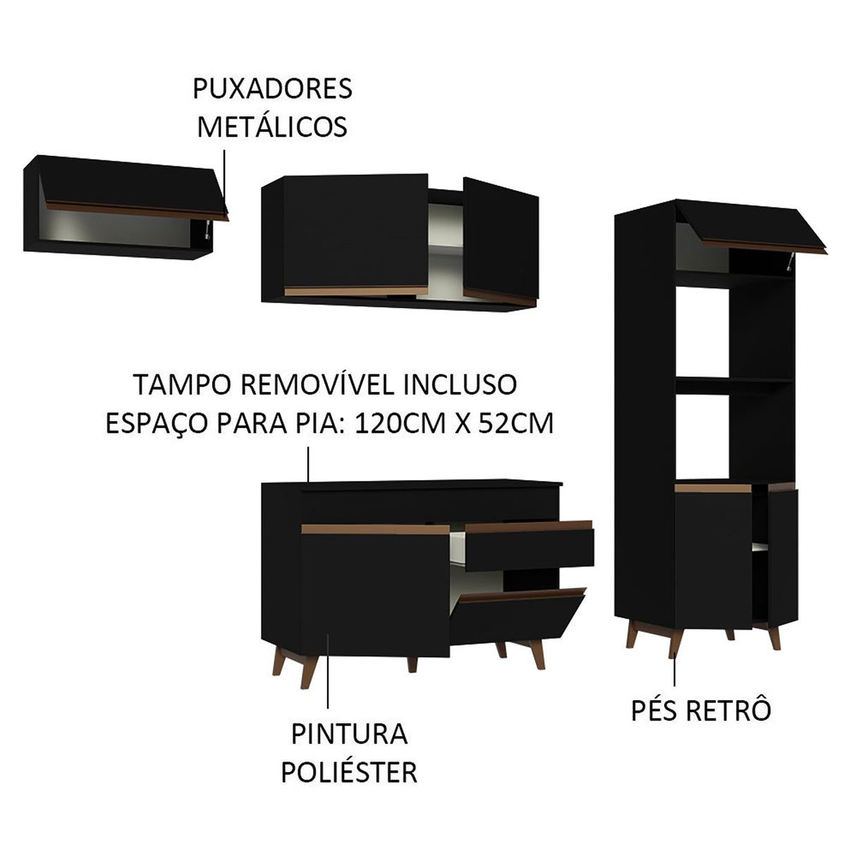 Cocina Integral Reims Negro 260x210cm con Mesón y sin Pozuelo - COCINAS | Bylmo