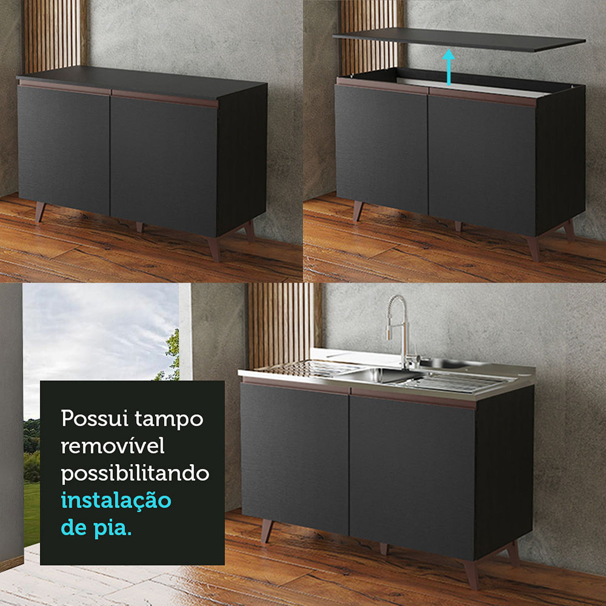 Mueble Inferior de Cocina Reims Negro 120x83cm con Mesón de Madera y Dos Puertas - MUEBLES INFERIORES DE COCINA | Bylmo