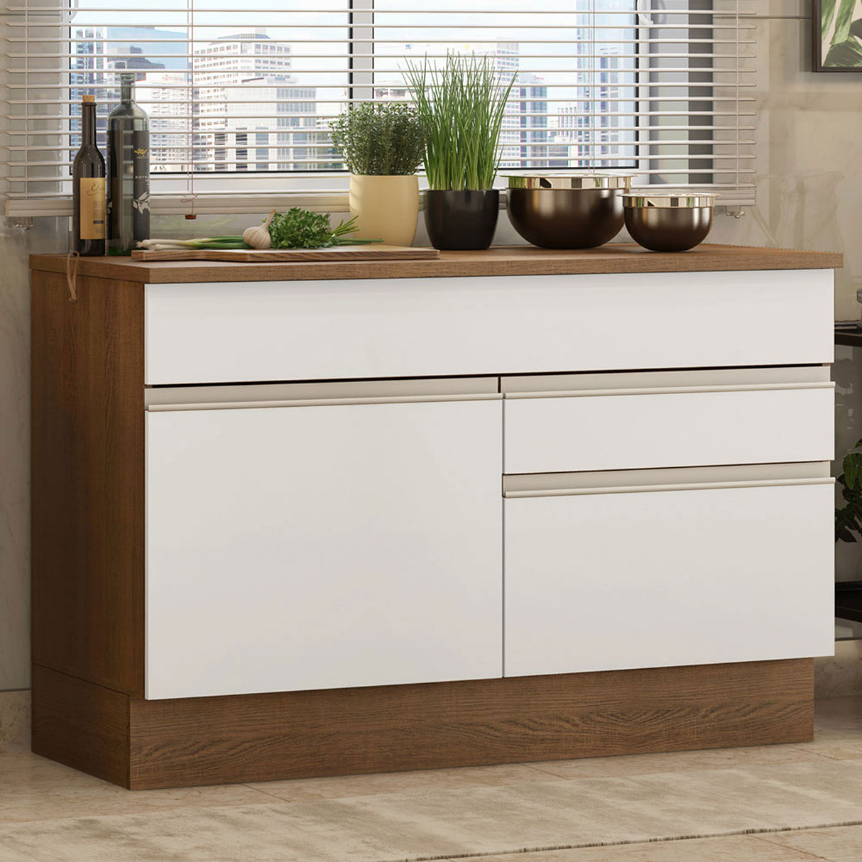 Mueble Inferior de Cocina Glamy Marron y Blanco 120x84cm con Mesón de Madera - MUEBLES INFERIORES DE COCINA | Bylmo