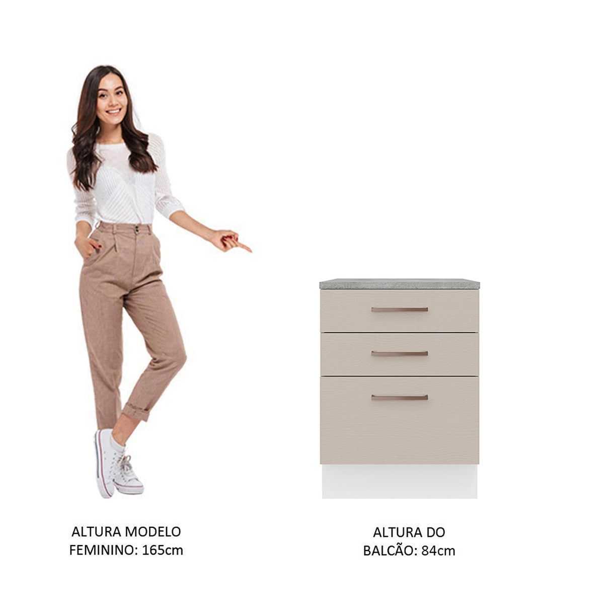 Mueble Inferior de Cocina Agata Blanco y Crema 60x84cm con Mesón de Madera y Tres Cajones - MUEBLES INFERIORES DE COCINA | Bylmo