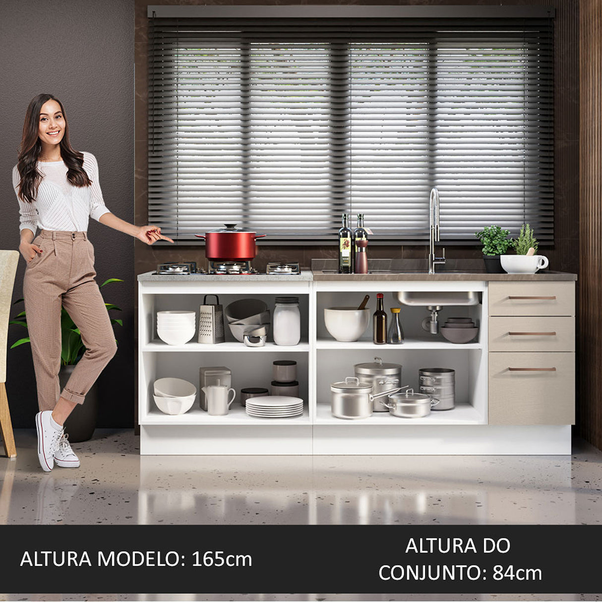 Set X 2 Muebles Inferiores de Cocina Agata Blanco y Crema 120x84cm con Mesón de Madera - MUEBLES INFERIORES DE COCINA | Bylmo