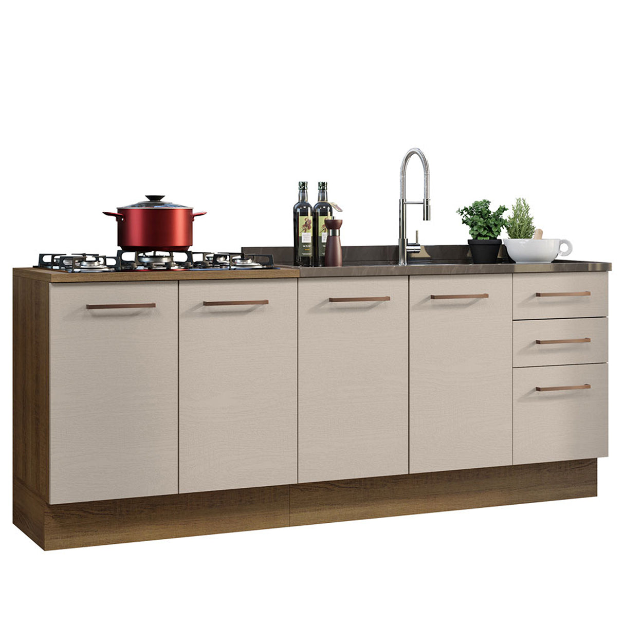 Set X 2 Muebles Inferiores de Cocina Agata Marron y Crema 120x84cm con Mesón de Madera - MUEBLES INFERIORES DE COCINA | Bylmo