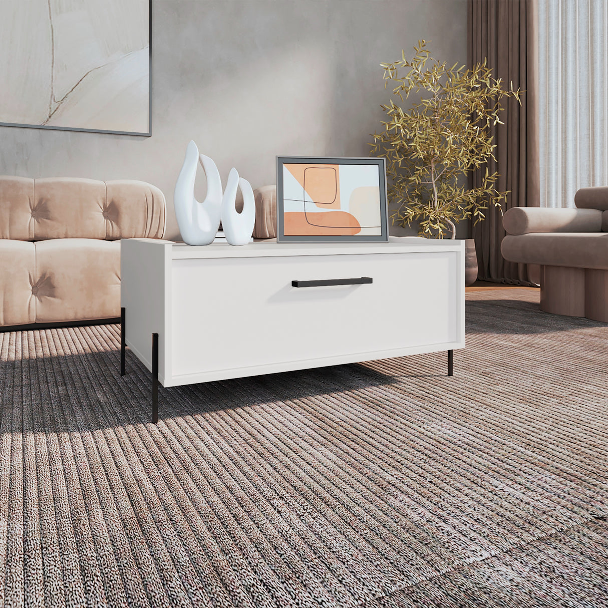 Mesa de Centro Shanghai Blanco 84.2x39.5cm Rectangular con Patas y con Compartimiento - MESAS DE CENTRO | Bylmo