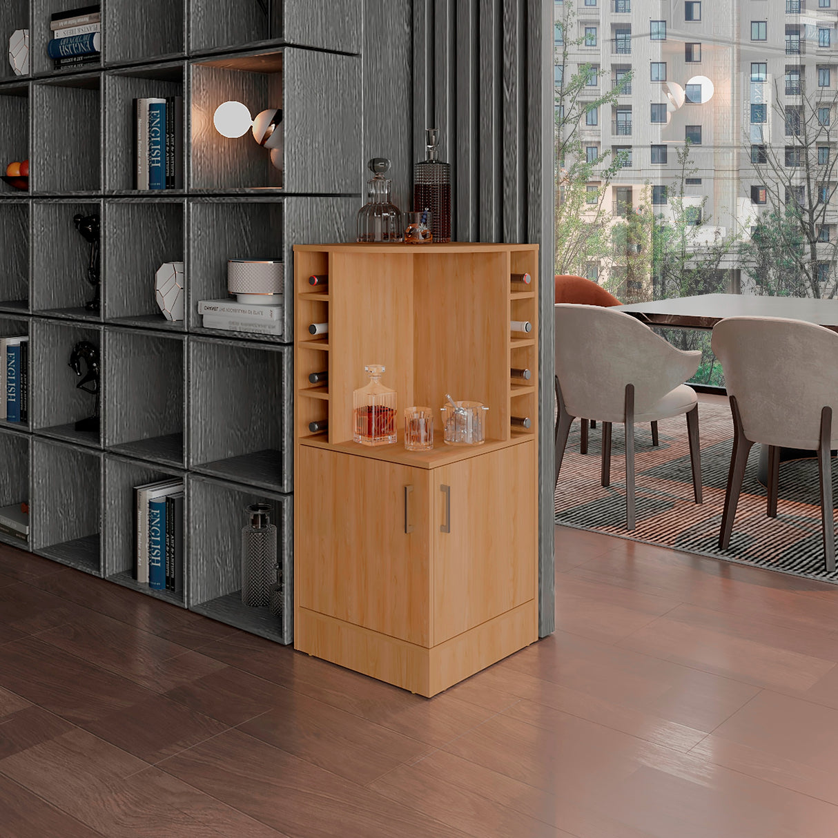 Bar Esquinero Jakes Fresno Europeo 46.9x108cm con Ocho Portabotellas y Cuatro Compartimientos - BARES | Bylmo