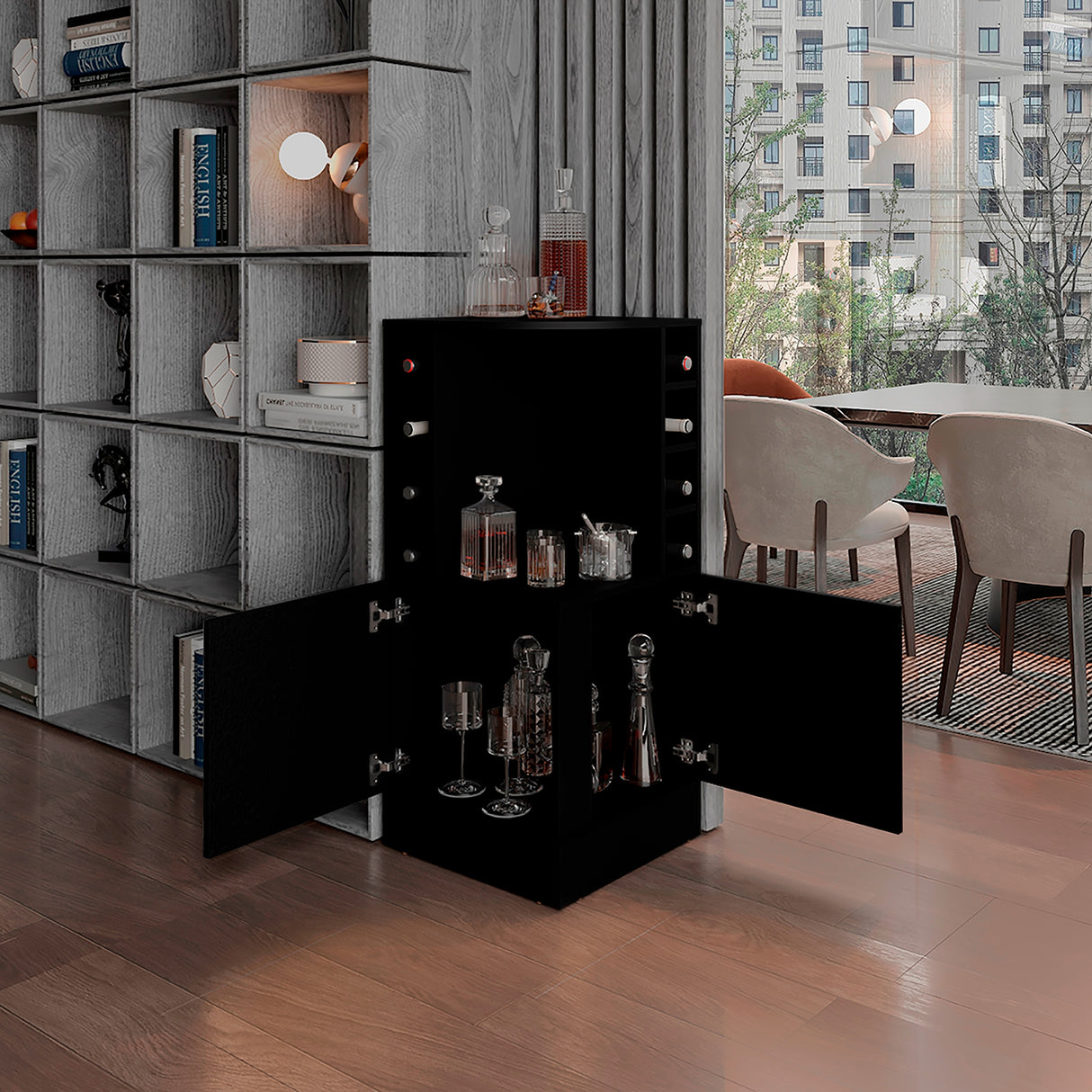 Bar Esquinero Jakes Wengue 46.9x108cm con Ocho Portabotellas y Cuatro Compartimientos - BARES | Bylmo