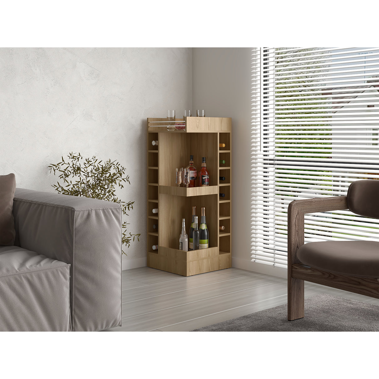 Bar Esquinero Lyman Fresno Europeo 46.6x116cm con Catorce Portabotellas y Tres Compartimientos - BARES | Bylmo