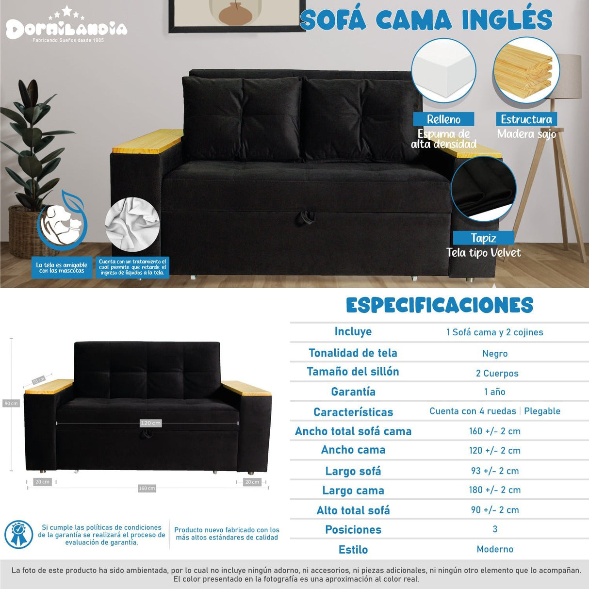 Sofá Cama Ingles Negro 160x90cm Reclinable con Dos Cojines decorativos - SOFAS Y POLTRONAS | Bylmo