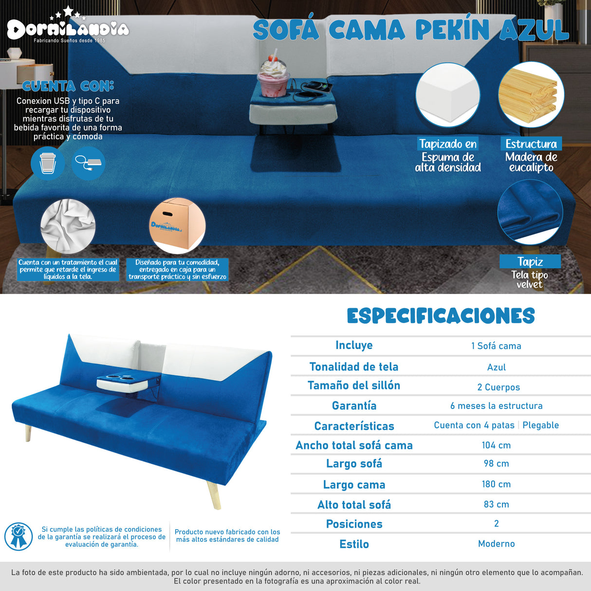 Sofá Cama Pekín Azul y Beige 104x83cm con Portavasos y Conexión USB y Tipo C - SOFAS Y POLTRONAS | Bylmo