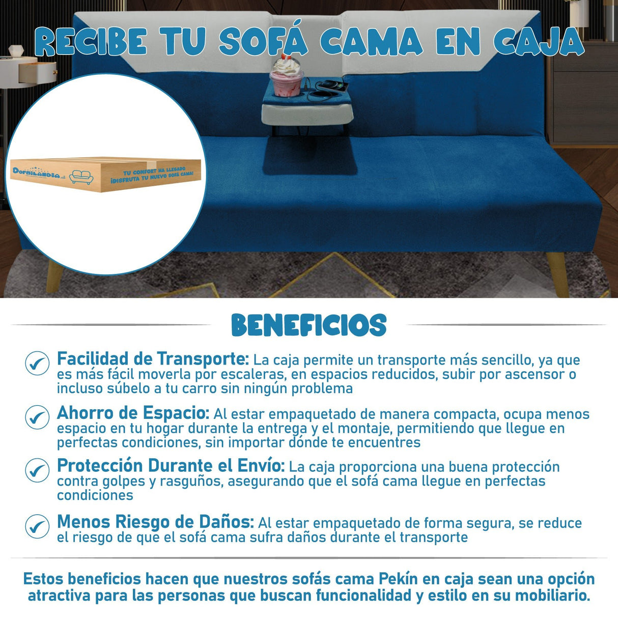Sofá Cama Pekín Azul y Beige 104x83cm con Portavasos y Conexión USB y Tipo C - SOFAS Y POLTRONAS | Bylmo