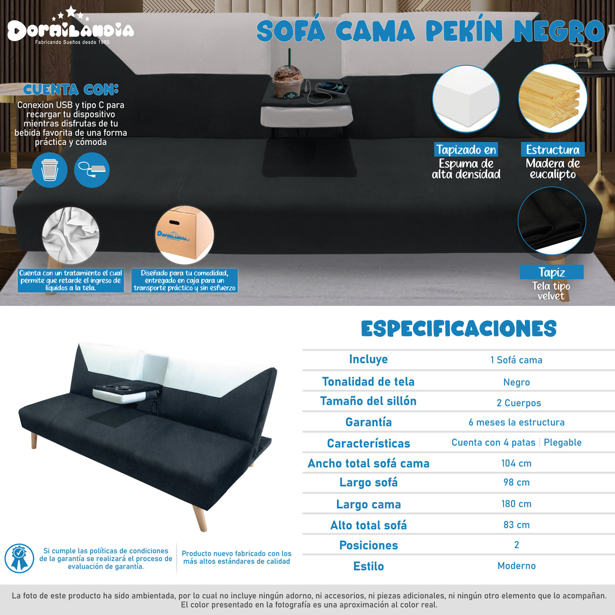 Sofá Cama Pekín Negro y Beige 104x83cm con Portavasos y Conexión USB y Tipo C - SOFAS Y POLTRONAS | Bylmo