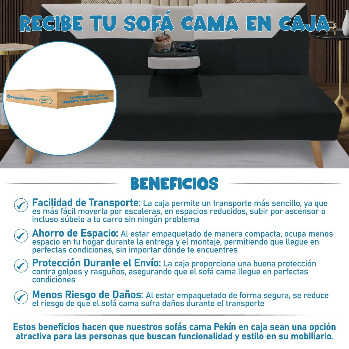 Sofá Cama Pekín Negro y Beige 104x83cm con Portavasos y Conexión USB y Tipo C - SOFAS Y POLTRONAS | Bylmo