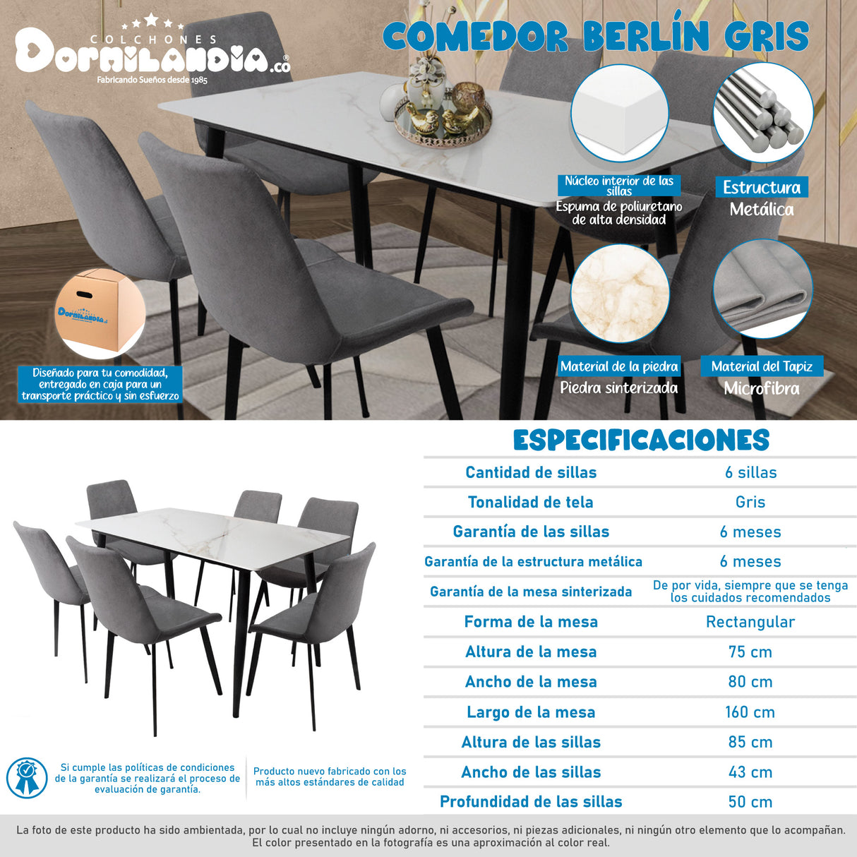 Comedor Berlín Gris 80x75cm Rectangular de Seis Puestos con Seis Sillas - COMEDORES | Bylmo