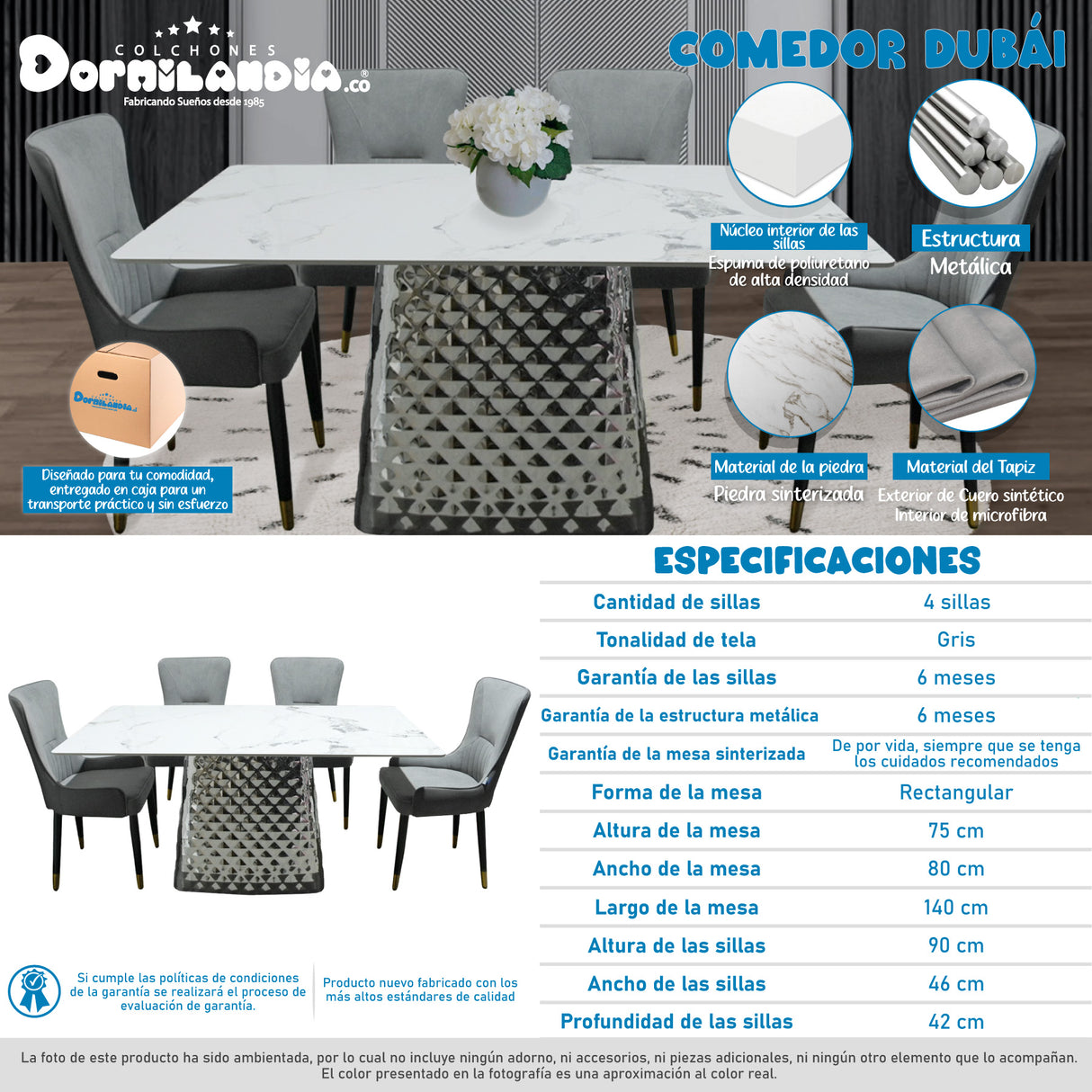 Comedor Dubái Gris 80x75cm Rectangular de Cuatro Puestos con Cuatro Sillas - COMEDORES | Bylmo