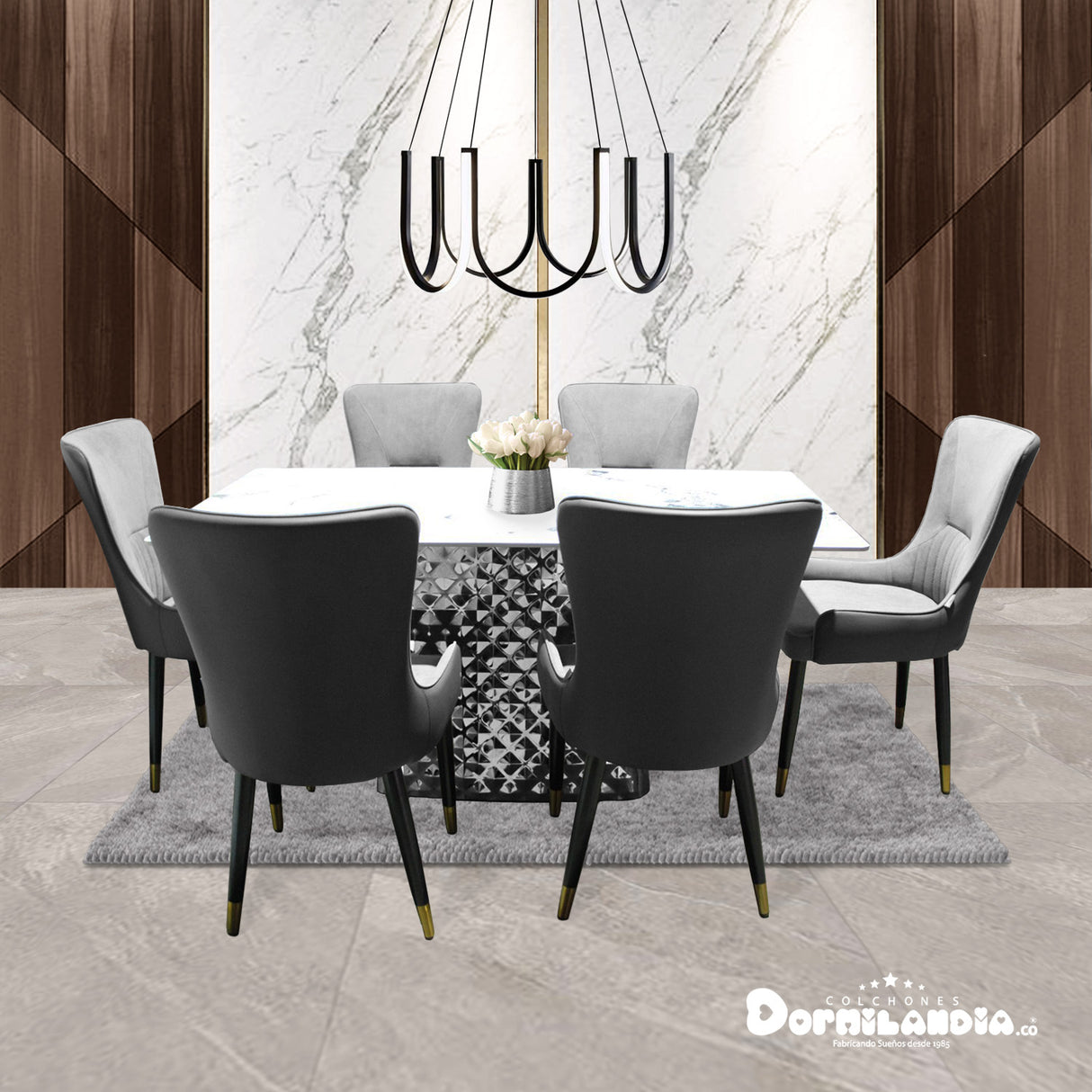 Comedor Dubái Gris 90x75cm Rectangular de Seis Puestos con Seis Sillas - COMEDORES | Bylmo