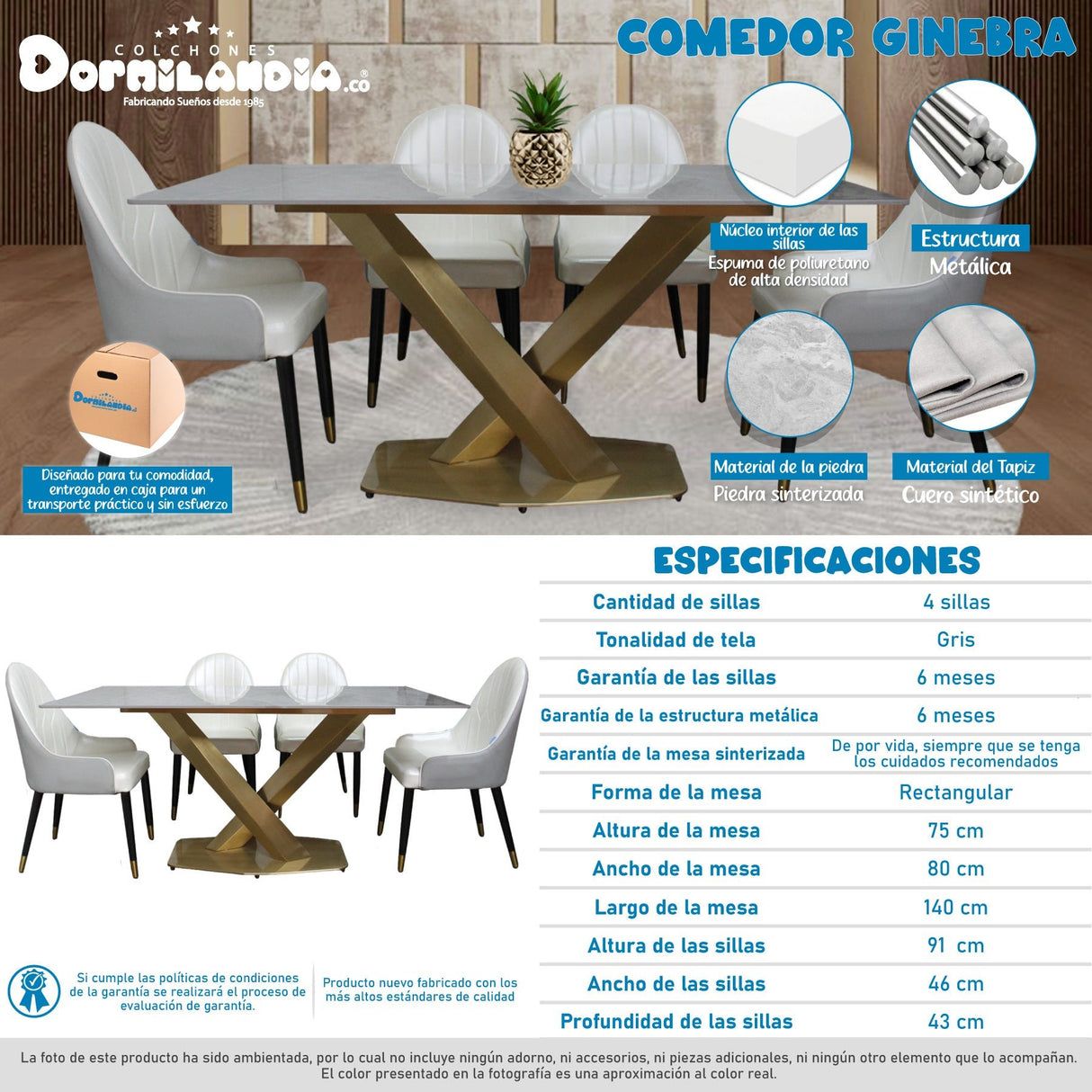 Comedor Ginebra Gris 80x75cm Rectangular de Cuatro Puestos con Cuatro Sillas - COMEDORES | Bylmo