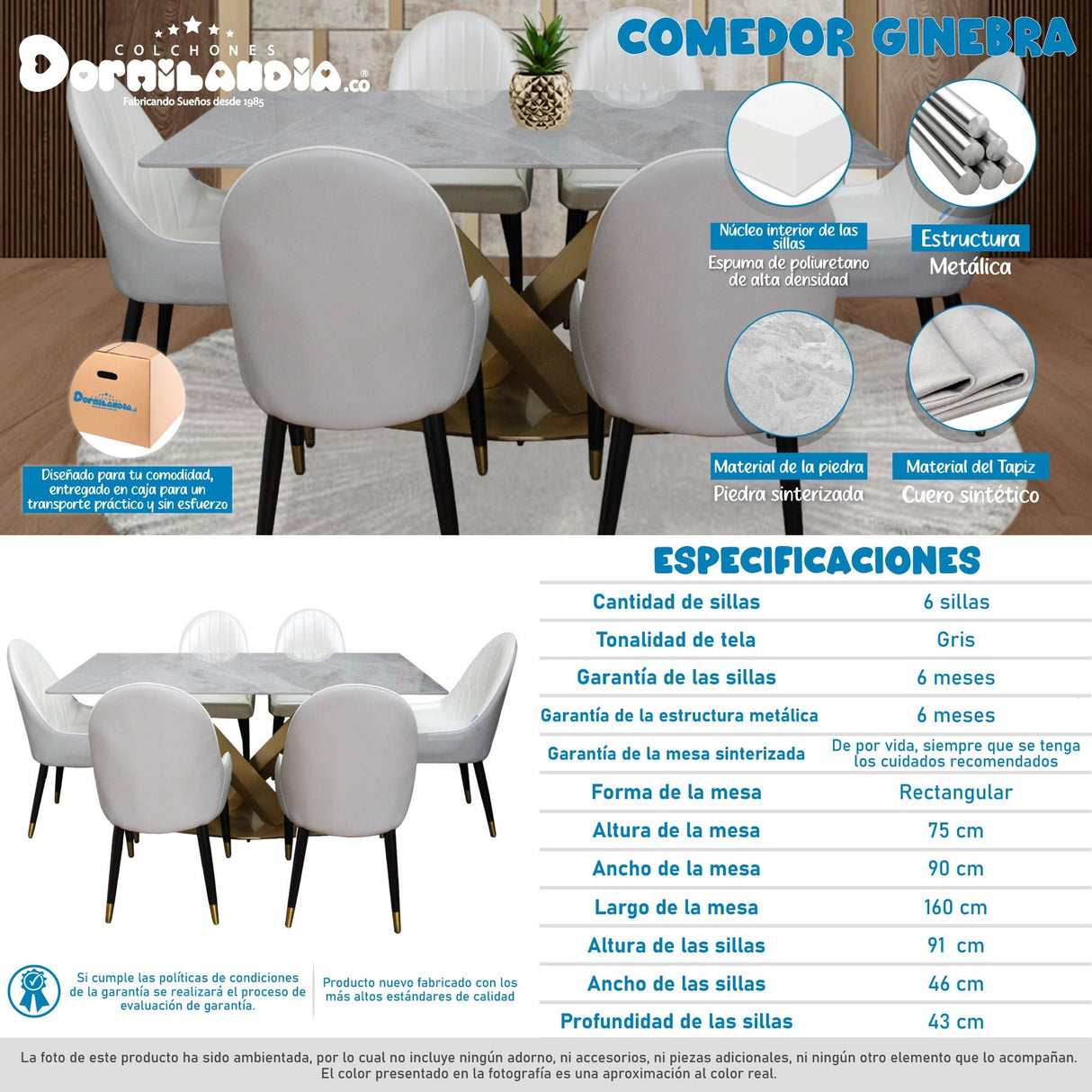 Comedor Ginebra Gris 90x75cm Rectangular de Seis Puestos con Seis Sillas - COMEDORES | Bylmo