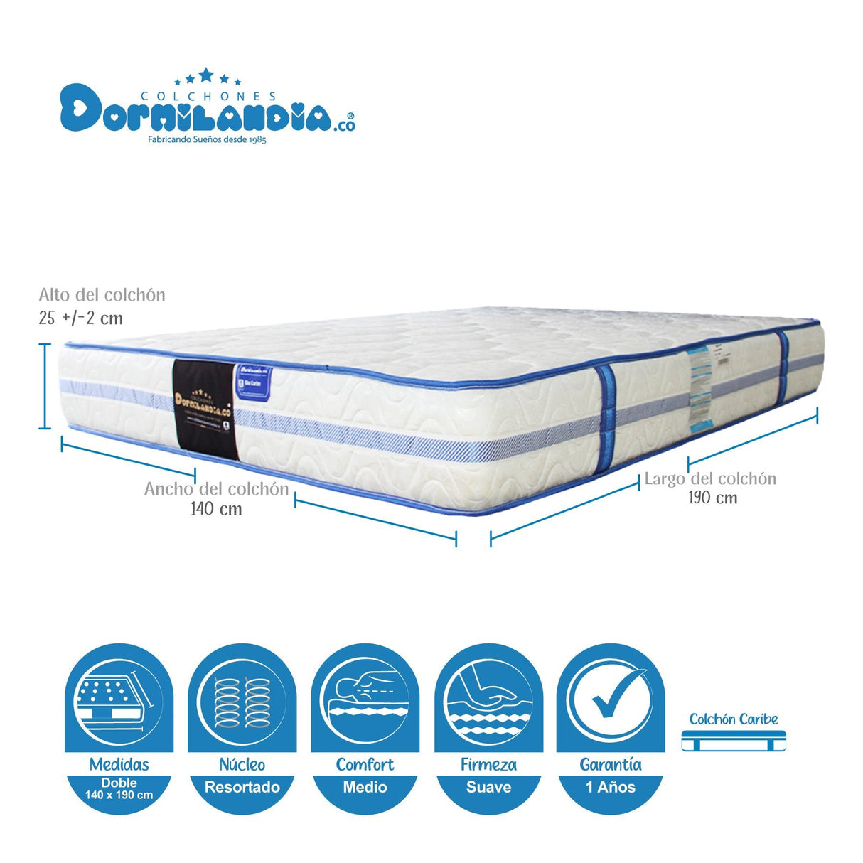 Colchón Caribe Blanco Doble 140 X 190 Cm Firmeza Suave Doble Faz - COLCHONES | Bylmo