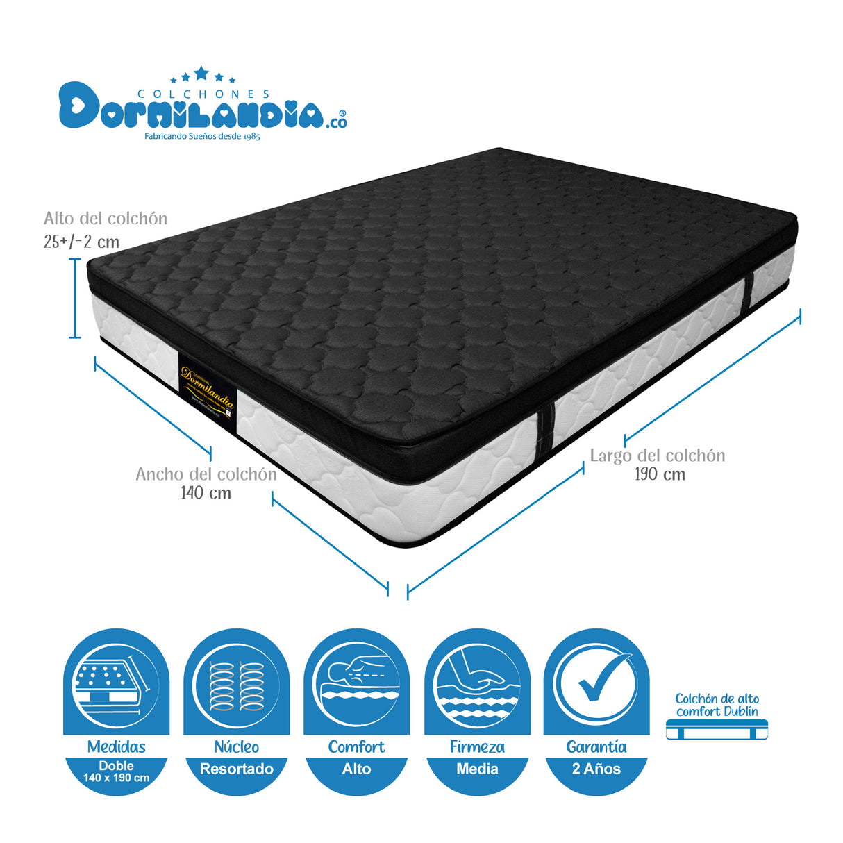 Colchón Dublín Negro Doble 140 X 190 Cm Firmeza Medio - COLCHONES | Bylmo