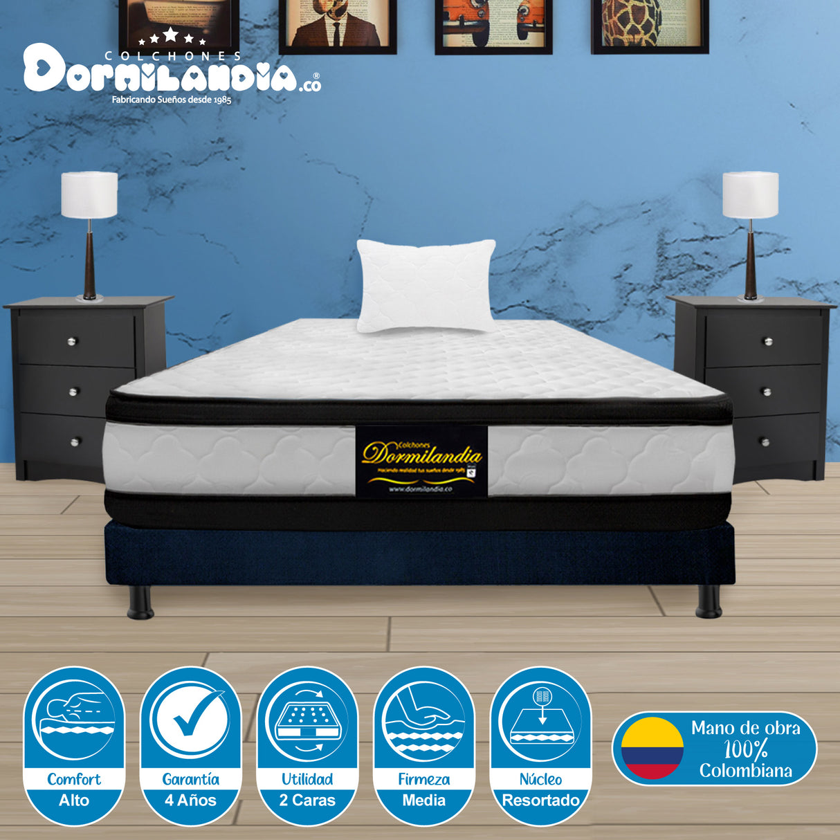 Combo Base Cama y Colchón Atenas Blanco y Azul Sencillo 100 X 190 Cm Firmeza Medio Doble Faz - COLCHONES | Bylmo