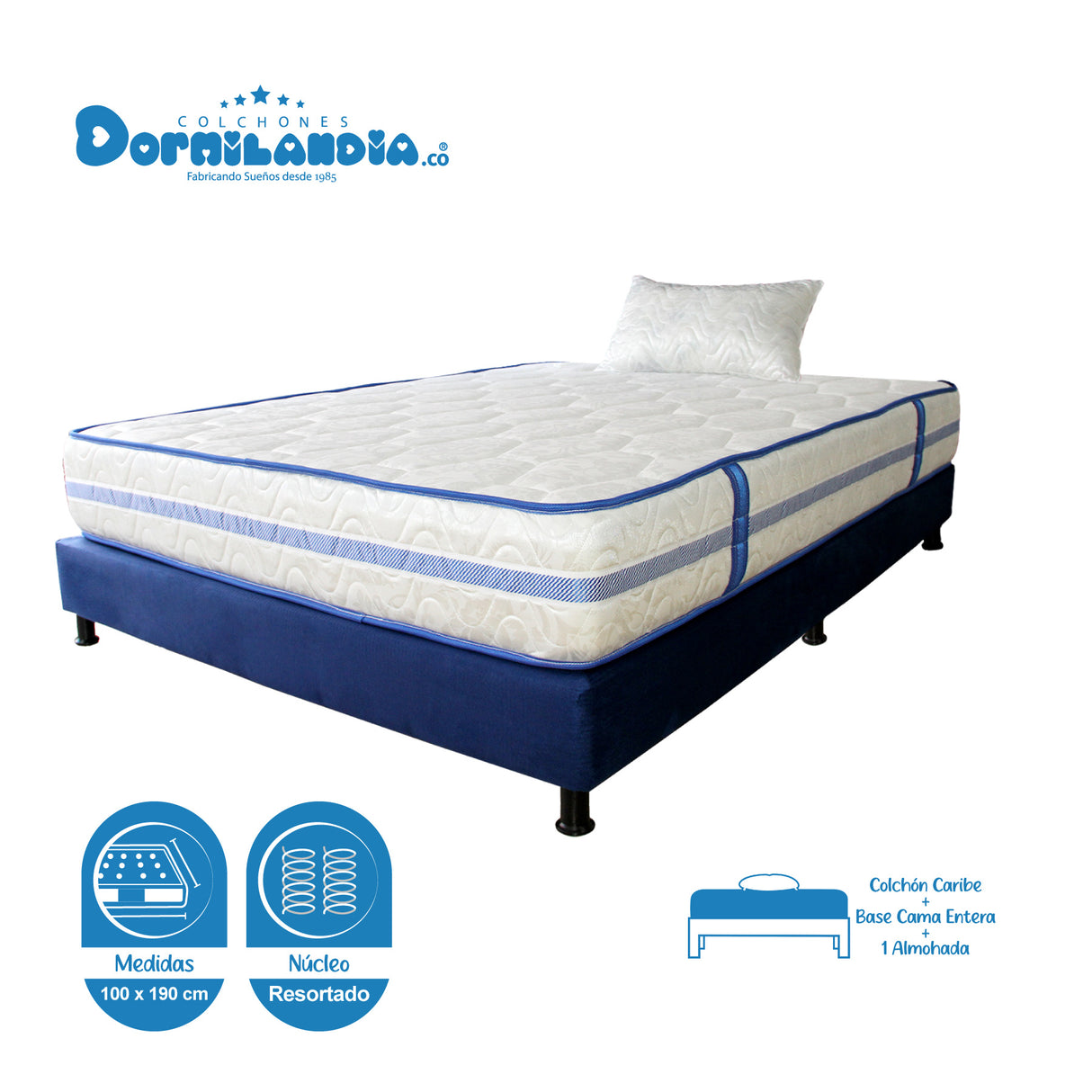 Combo Base Cama y Colchón Caribe Blanco y Azul Sencillo 100 X 190 Cm Firmeza Suave Doble Faz - COLCHONES | Bylmo