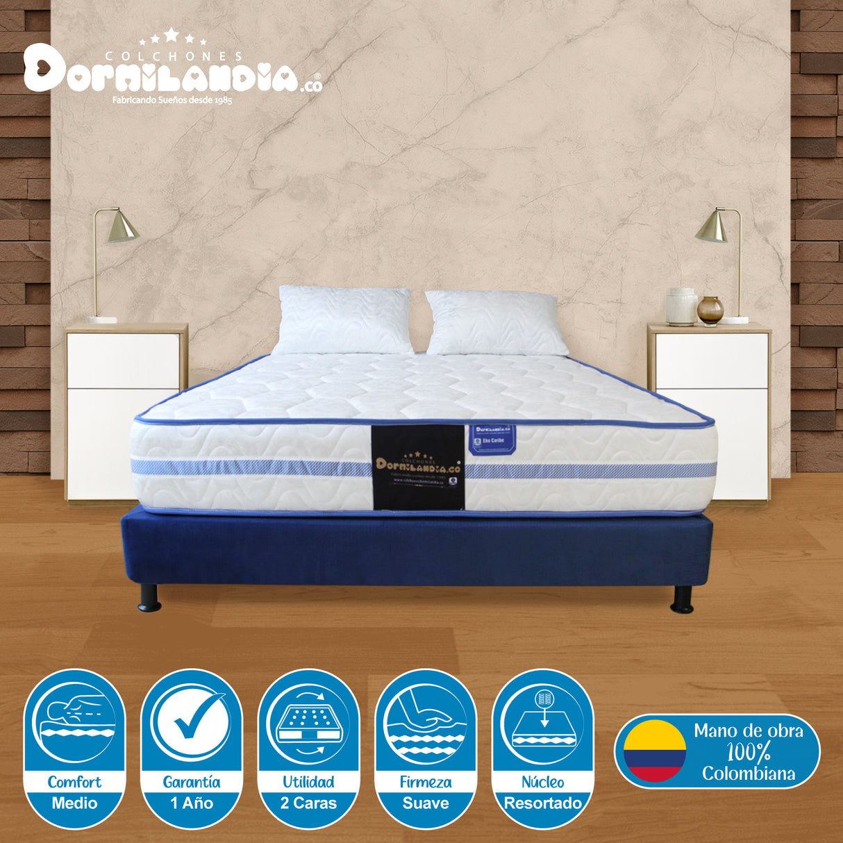Combo Base Cama y Colchón Caribe Blanco y Azul Semidoble 120 X 190 Cm Firmeza Suave Doble Faz - COLCHONES | Bylmo