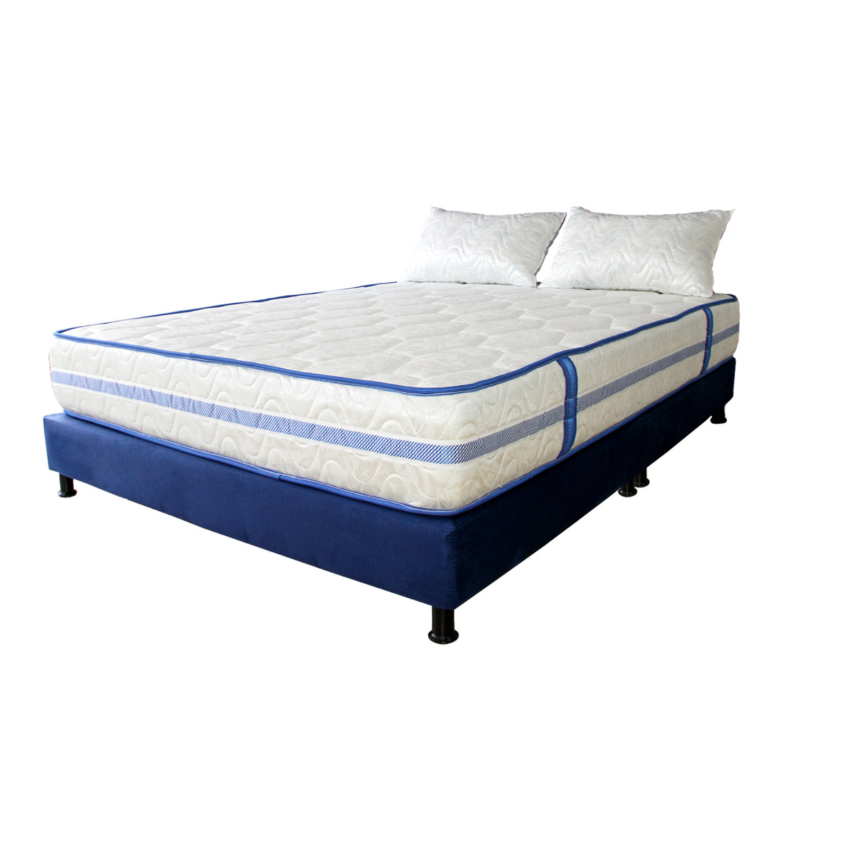Combo Base Cama y Colchón Caribe Blanco y Azul Queen 160 X 190 Cm Firmeza Suave Doble Faz - COLCHONES | Bylmo