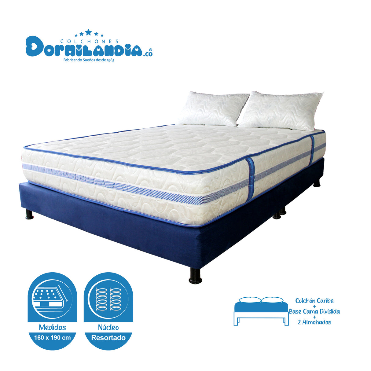 Combo Base Cama y Colchón Caribe Blanco y Azul Queen 160 X 190 Cm Firmeza Suave Doble Faz - COLCHONES | Bylmo