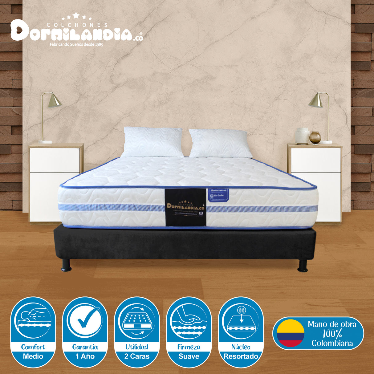 Combo Base Cama y Colchón Caribe Blanco y Negro Semidoble 120 X 190 Cm Firmeza Suave Doble Faz - COLCHONES | Bylmo