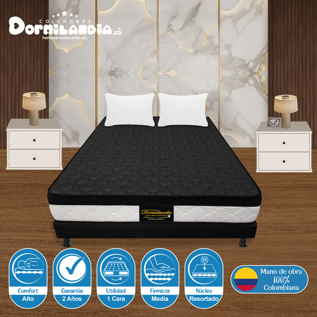 Combo Base Cama y Colchón Dublín Negro Semidoble 120 X 190 Cm Firmeza Medio - COLCHONES | Bylmo