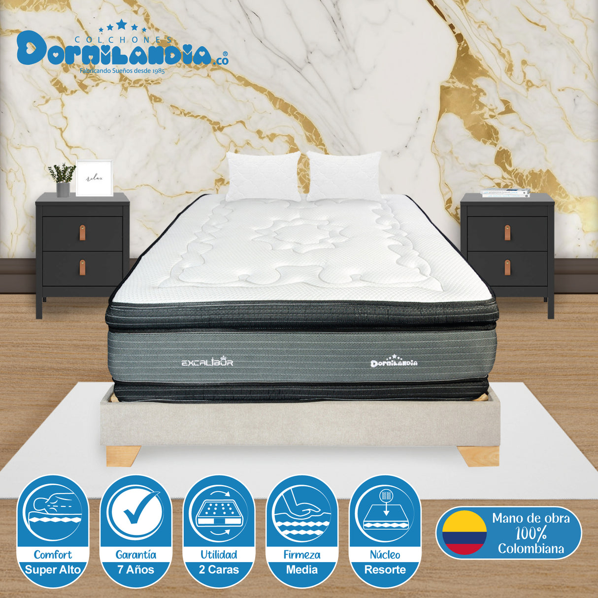 Combo Base Cama y Colchón Excalibur Gris y Arena Doble 140 X 190 Cm Firmeza Medio Doble Faz - COLCHONES | Bylmo