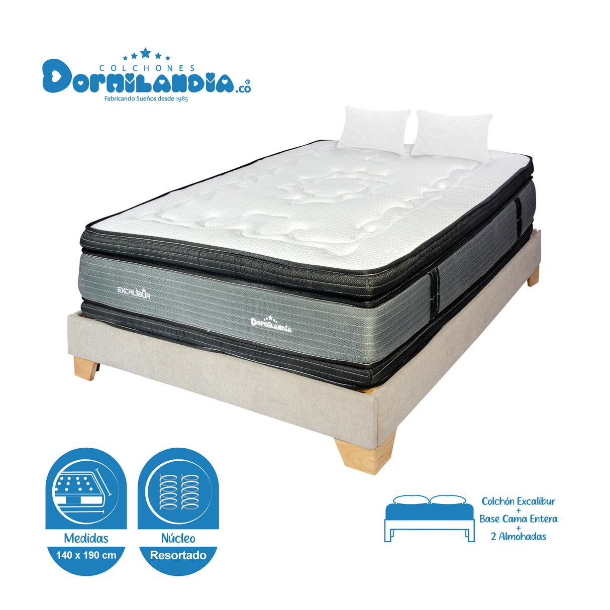 Combo Base Cama y Colchón Excalibur Gris y Arena Doble 140 X 190 Cm Firmeza Medio Doble Faz - COLCHONES | Bylmo