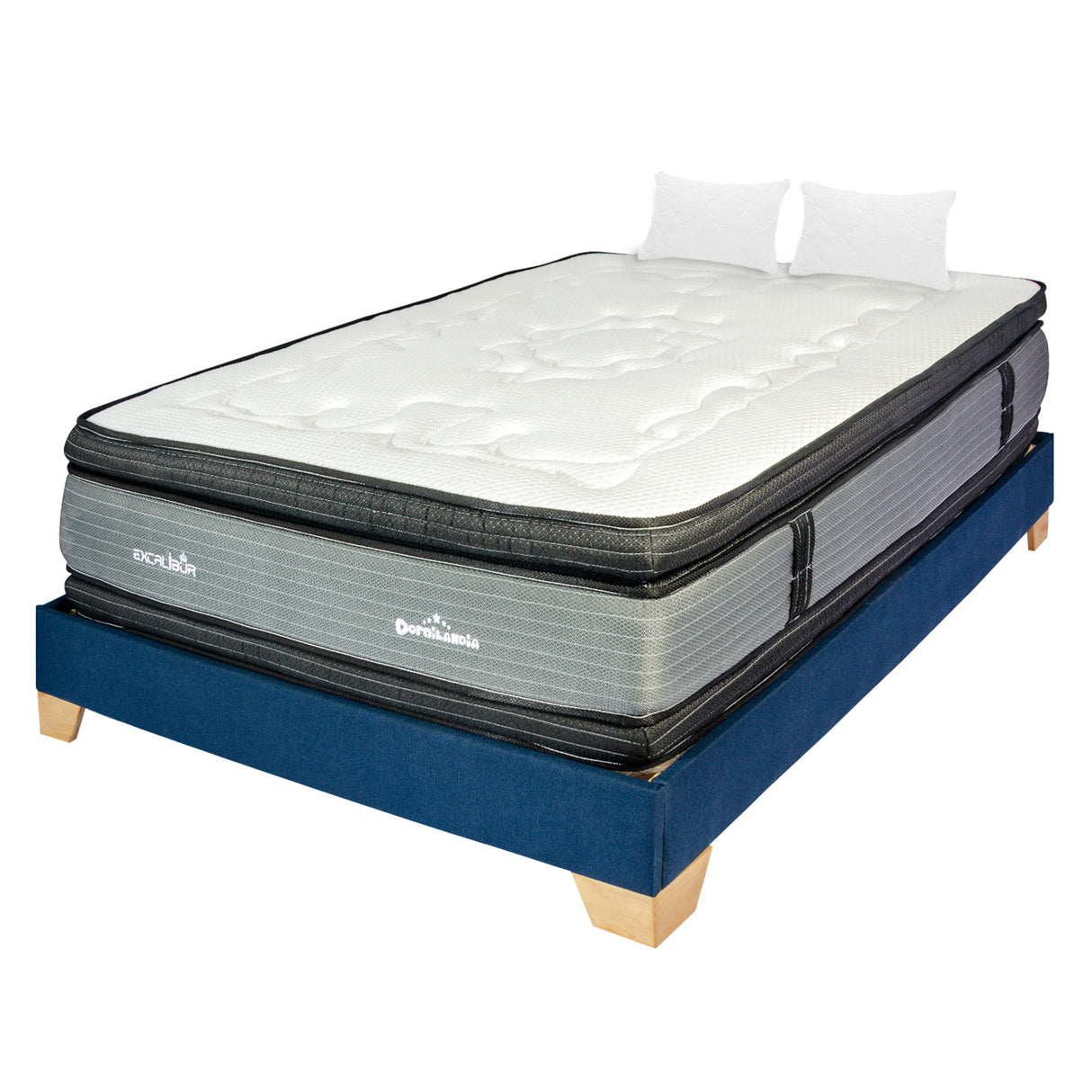 Combo Base Cama y Colchón Excalibur Gris y Azul Semidoble 120 X 190 Cm Firmeza Medio Doble Faz - COLCHONES | Bylmo