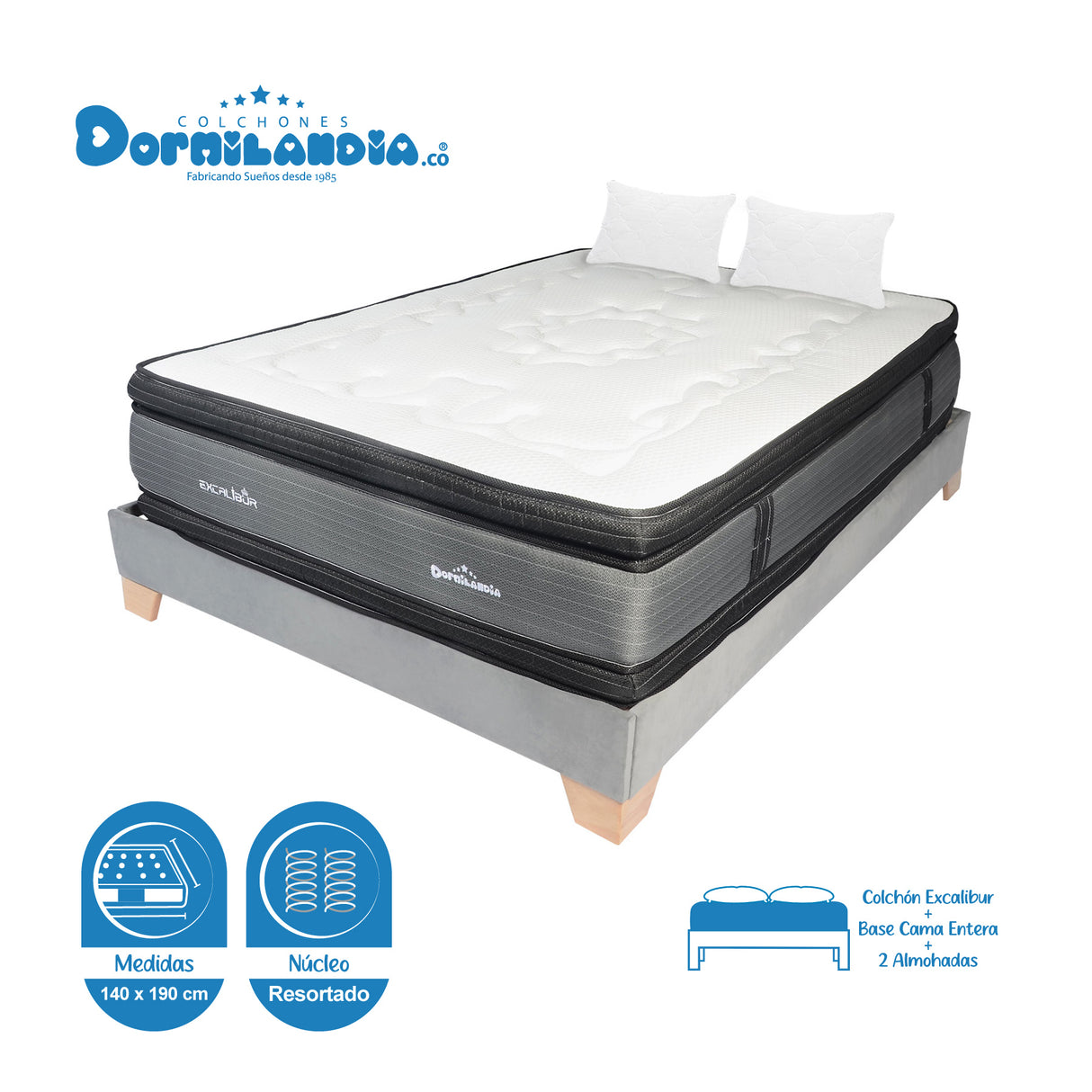 Combo Base Cama y Colchón Excalibur Gris Doble 140 X 190 Cm Firmeza Medio Doble Faz - COLCHONES | Bylmo