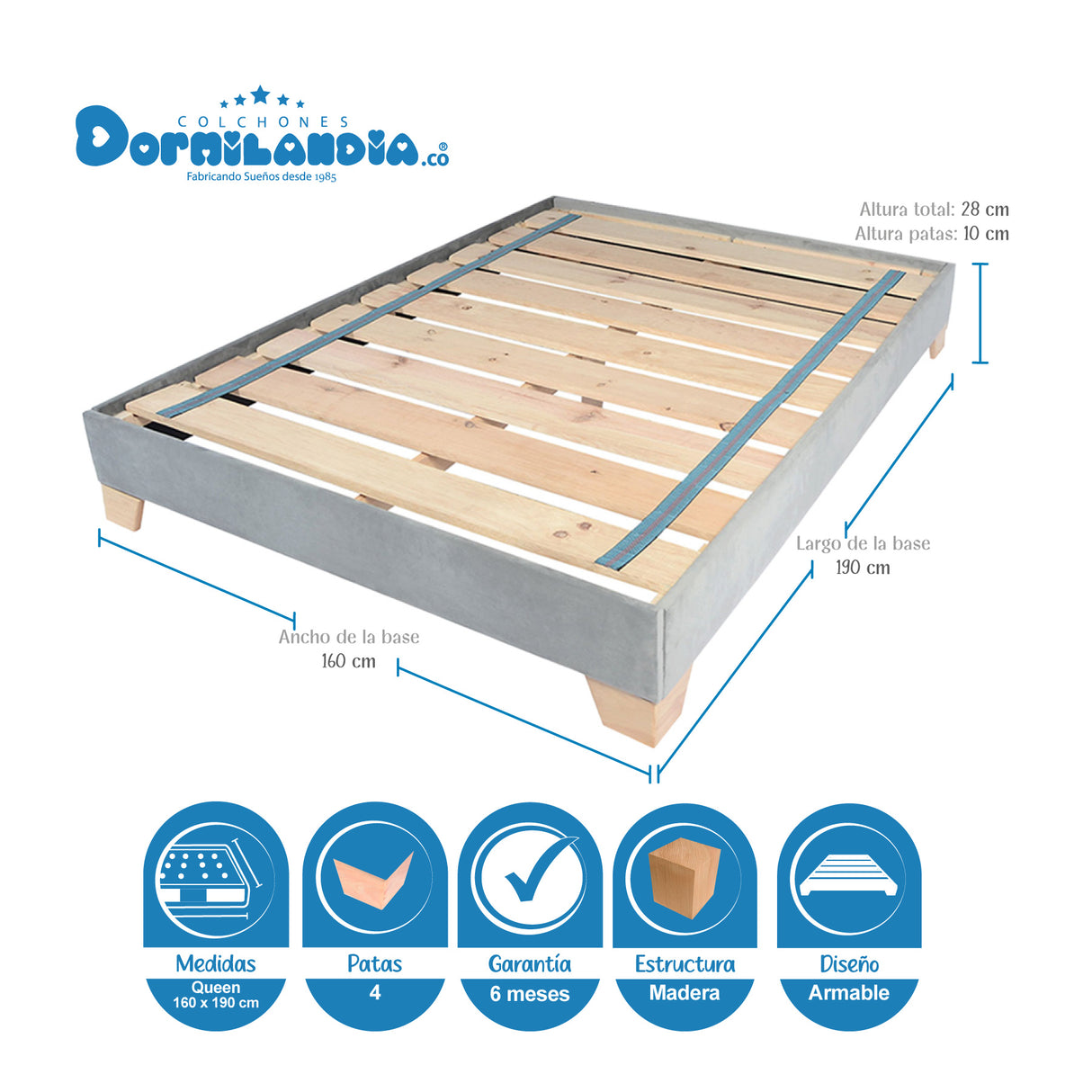 Combo Base Cama y Colchón Excalibur Gris Queen 160 X 190 Cm Firmeza Medio Doble Faz - COLCHONES | Bylmo