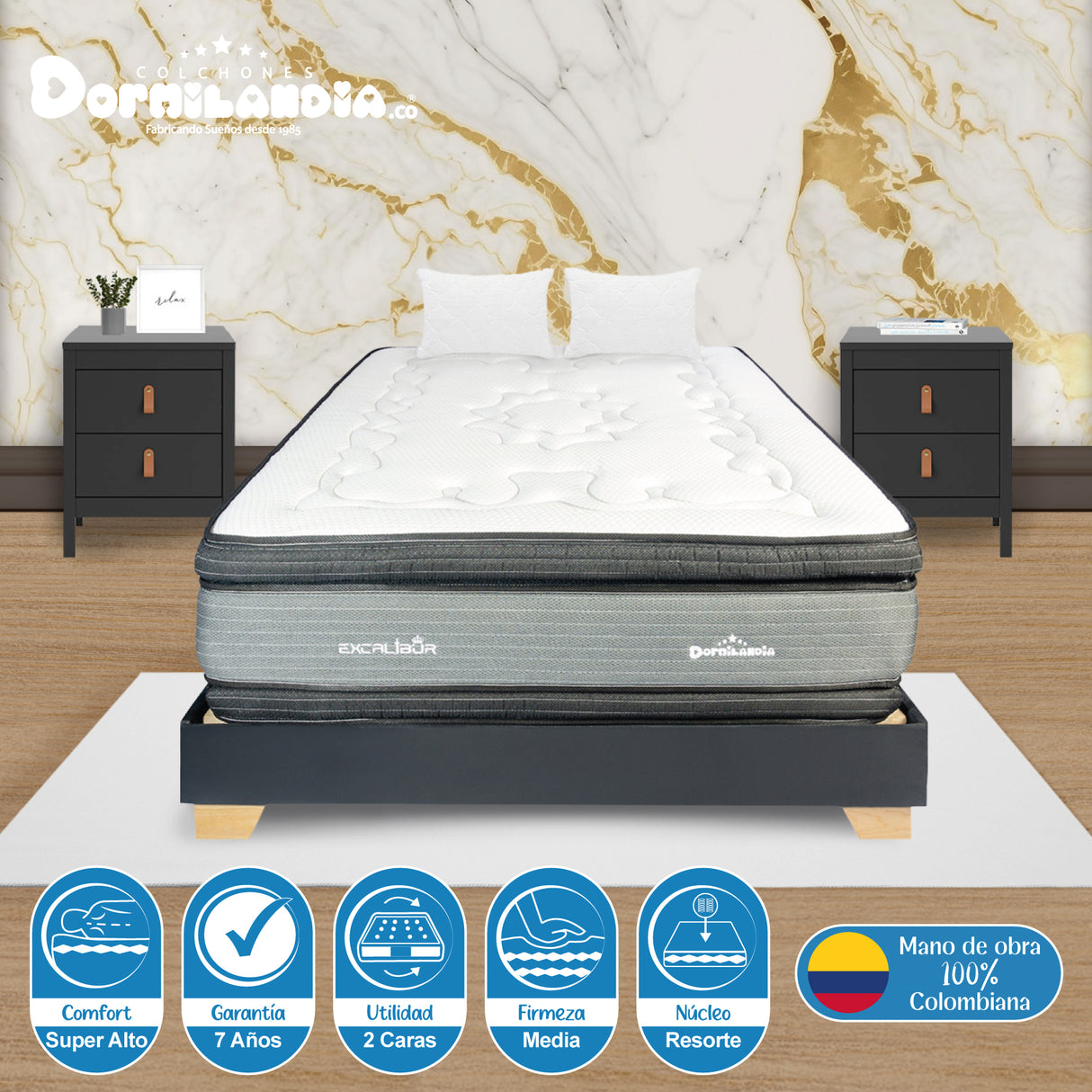 Combo Base Cama y Colchón Excalibur Gris y Negro Semidoble 120 X 190 Cm Firmeza Medio Doble Faz - COLCHONES | Bylmo