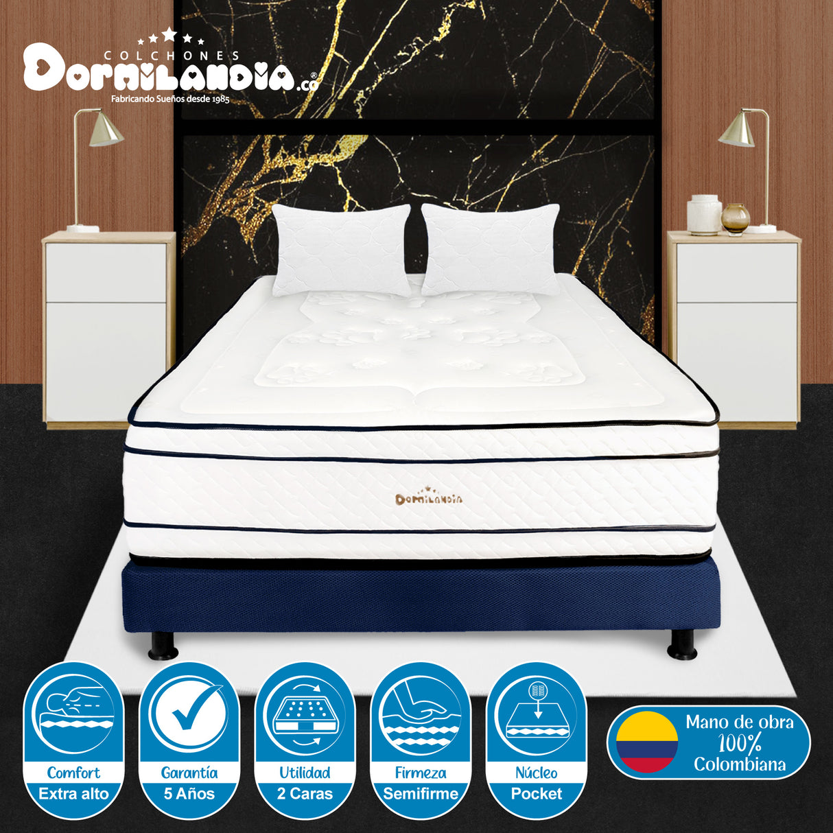 Combo Base Cama y Colchón Infinity Blanco y Azul Doble 140 X 190 Cm Firmeza Medio Firme Doble Faz - COLCHONES | Bylmo