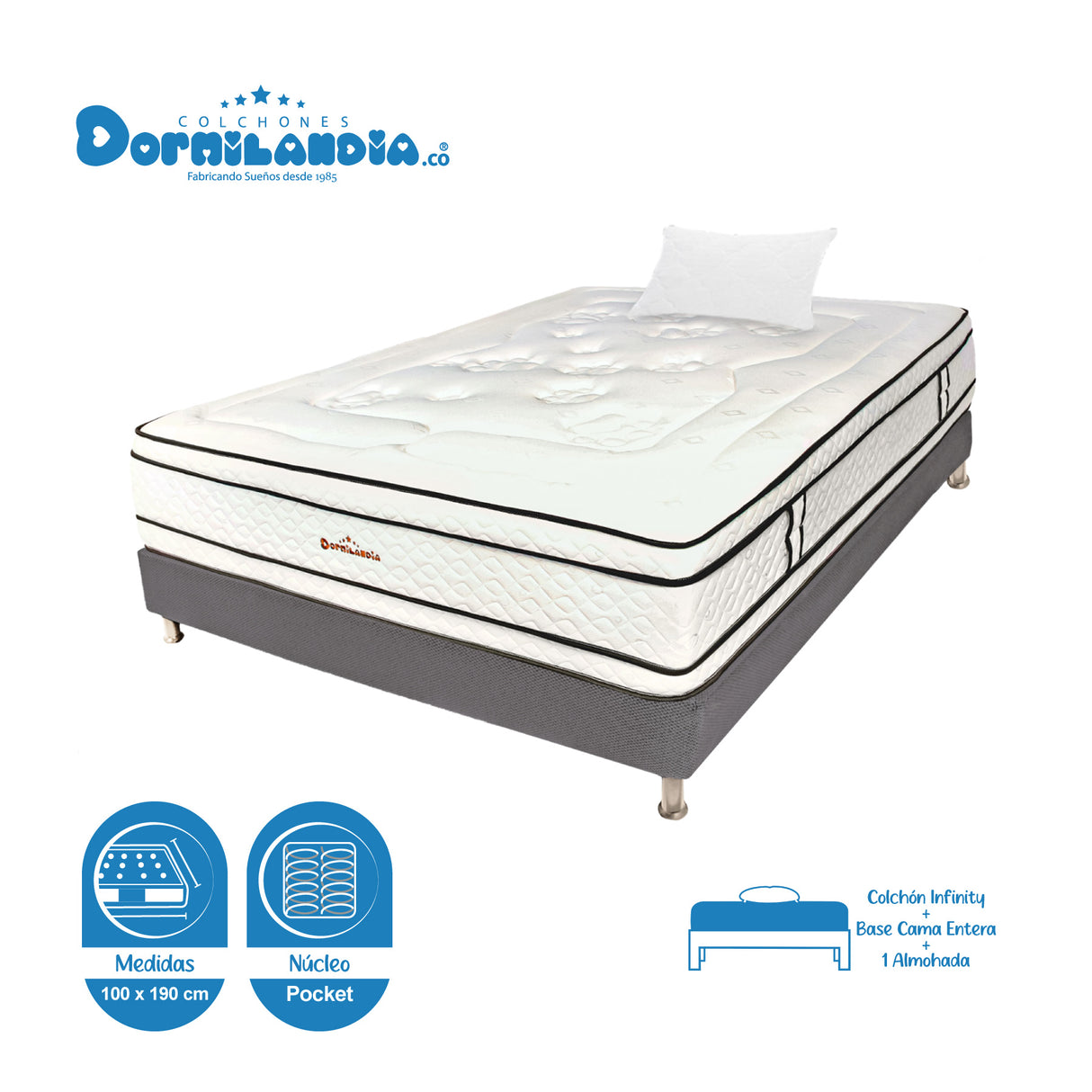 Combo Base Cama y Colchón Infinity Blanco y Gris Sencillo 100 X 190 Cm Firmeza Medio Firme Doble Faz - COLCHONES | Bylmo