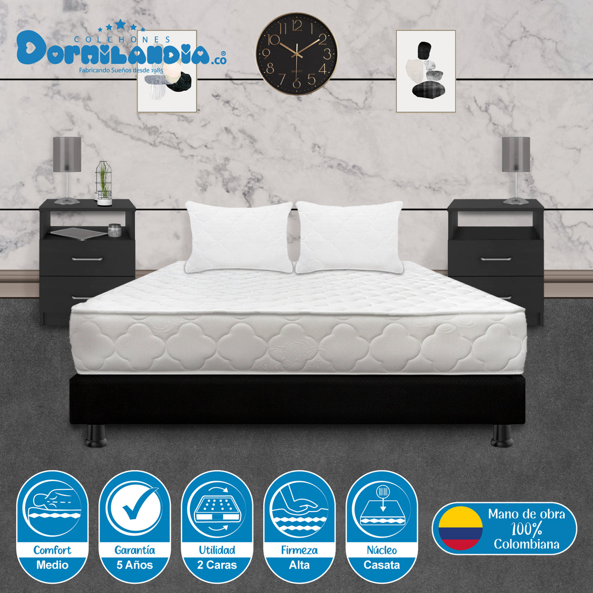 Combo Base Cama y Colchón Macizo Blanco y Negro Queen 160 X 190 Cm Firmeza Firme Doble Faz - COLCHONES | Bylmo