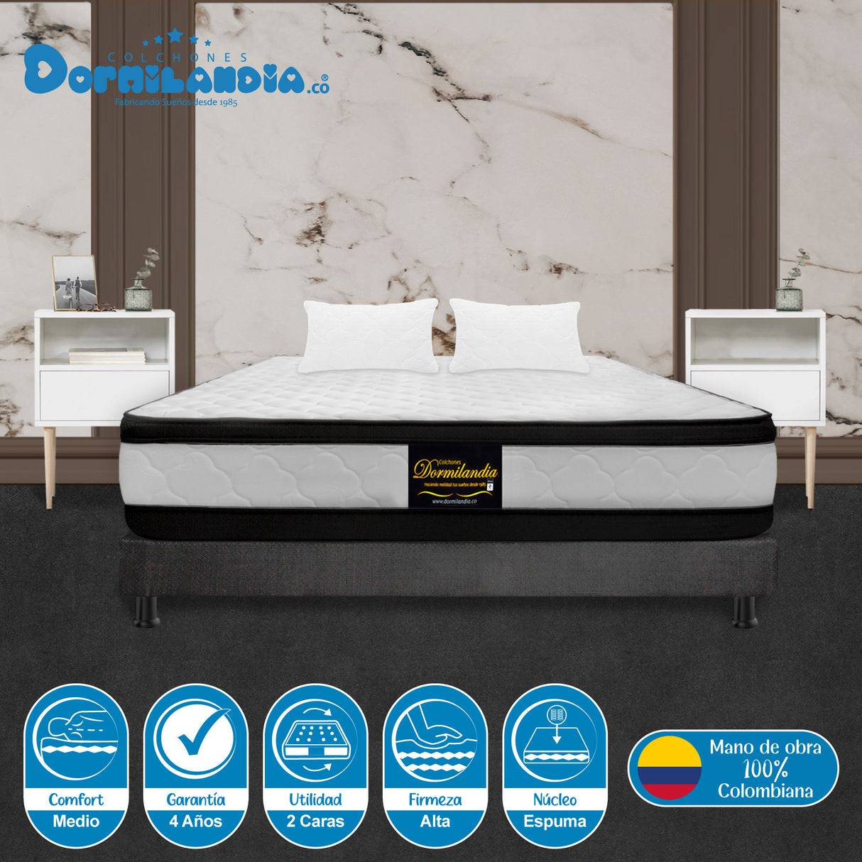 Combo Base Cama y Colchón Malta Blanco y Gris Semidoble 120 X 190 Cm Firmeza Firme Doble Faz - COLCHONES | Bylmo