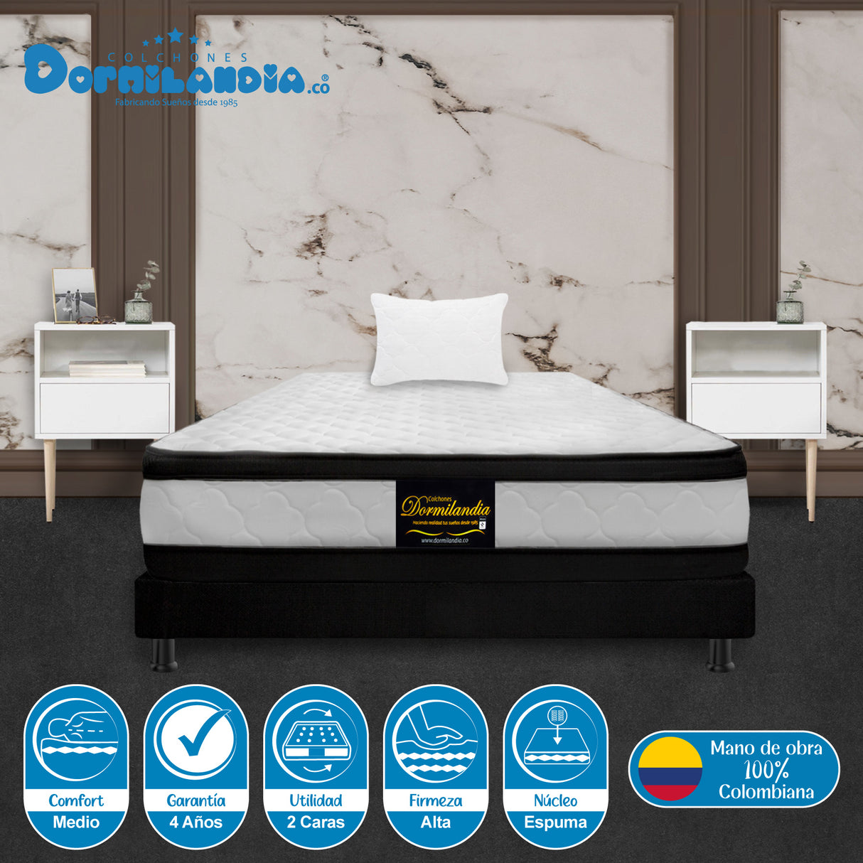 Combo Base Cama y Colchón Malta Blanco y Negro Sencillo 100 X 190 Cm Firmeza Firme Doble Faz - COLCHONES | Bylmo