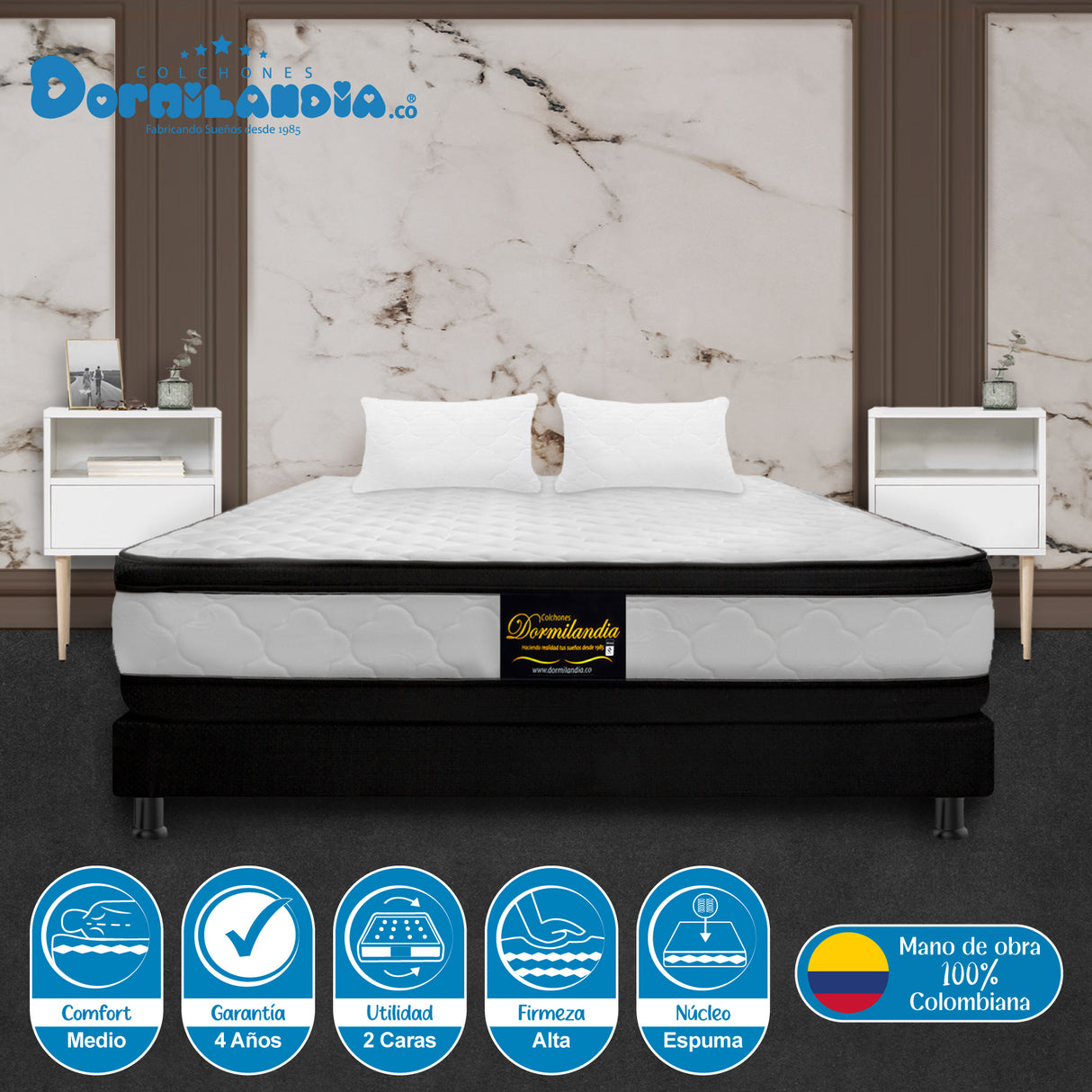 Combo Base Cama y Colchón Malta Blanco y Negro Queen 160 X 190 Cm Firmeza Firme Doble Faz - COLCHONES | Bylmo