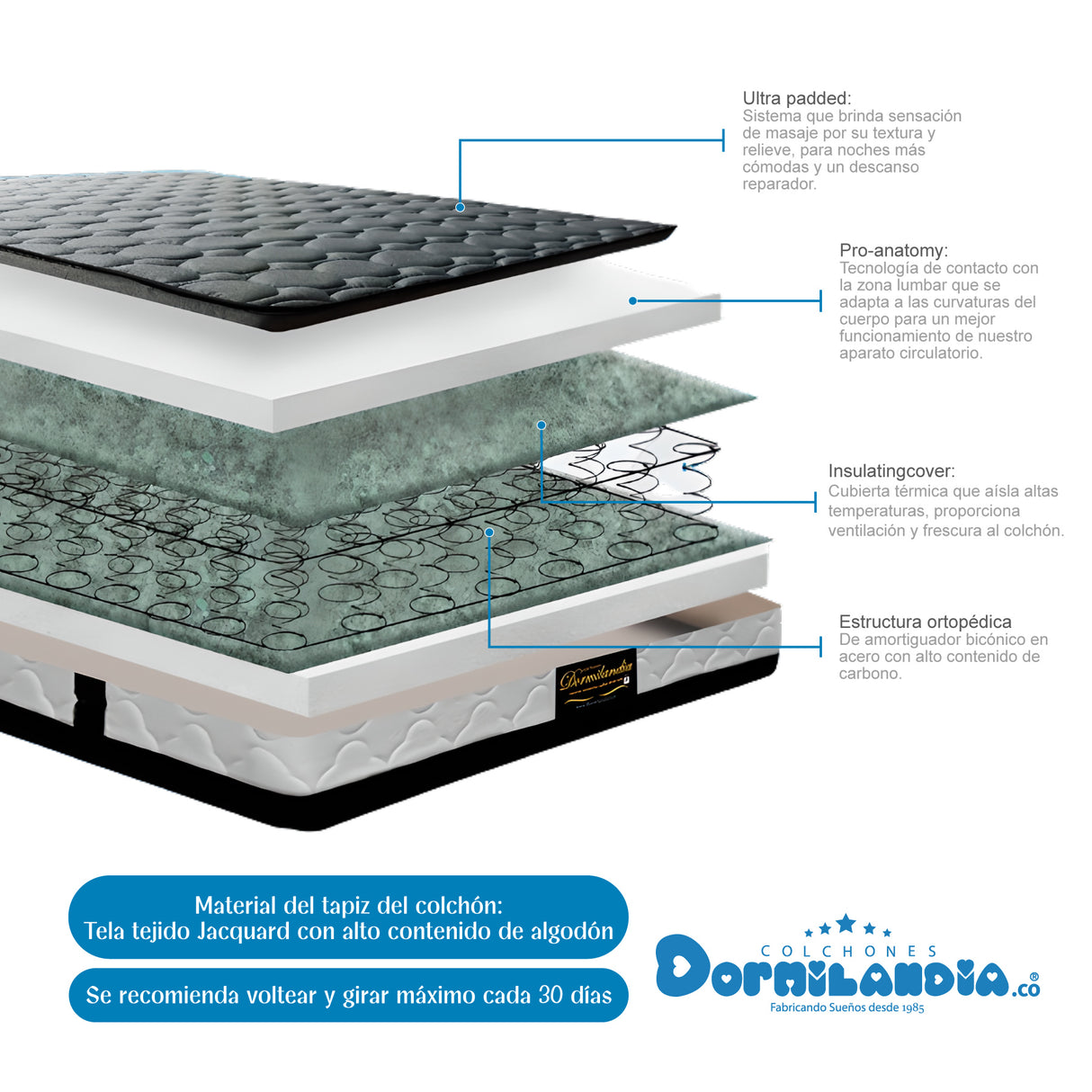 Combo Base Cama y Colchón Marshall Azul Queen 160 X 190 Cm Firmeza Medio Doble Faz - COLCHONES | Bylmo