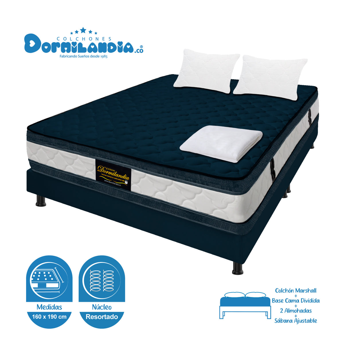 Combo Base Cama y Colchón Marshall Azul Queen 160 X 190 Cm Firmeza Medio Doble Faz - COLCHONES | Bylmo