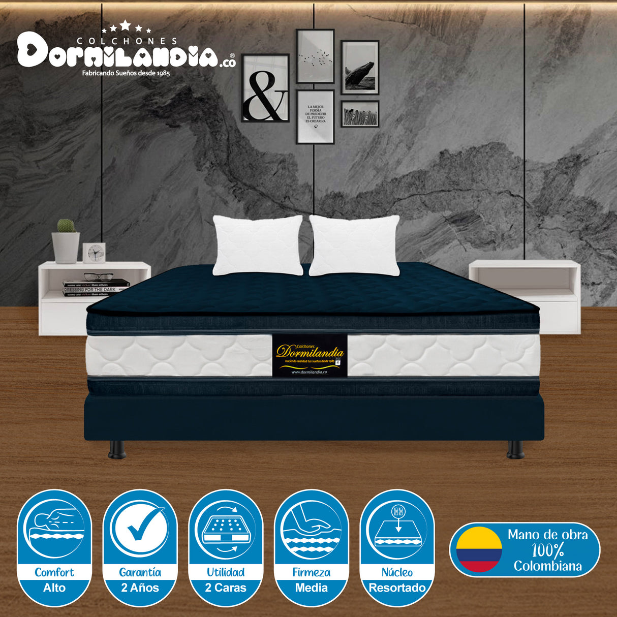 Combo Base Cama y Colchón Marshall Azul King 200 X 200 Cm Firmeza Medio Doble Faz - COLCHONES | Bylmo