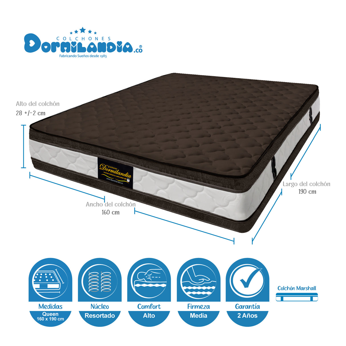 Combo Base Cama y Colchón Marshall Cafe Queen 160 X 190 Cm Firmeza Medio Doble Faz - COLCHONES | Bylmo