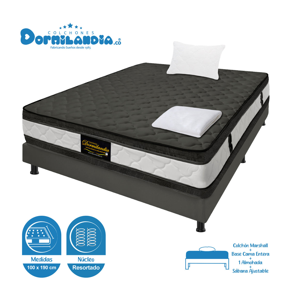 Combo Base Cama y Colchón Marshall Gris Sencillo 100 X 190 Cm Firmeza Medio Doble Faz - COLCHONES | Bylmo