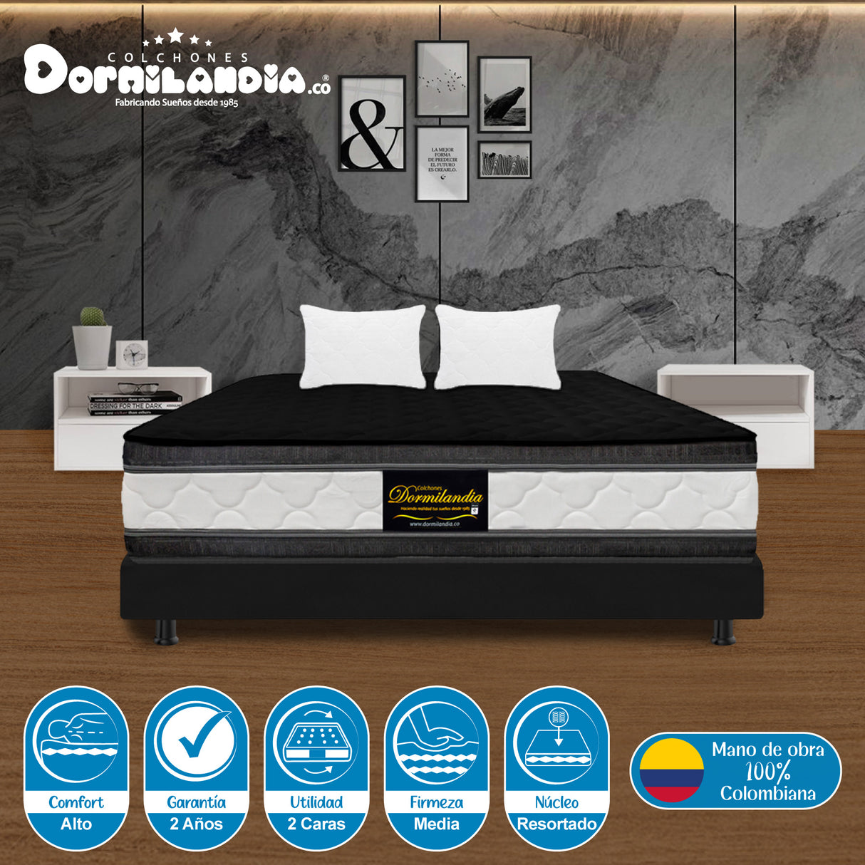 Combo Base Cama y Colchón Marshall Negro Queen 160 X 190 Cm Firmeza Medio Doble Faz - COLCHONES | Bylmo