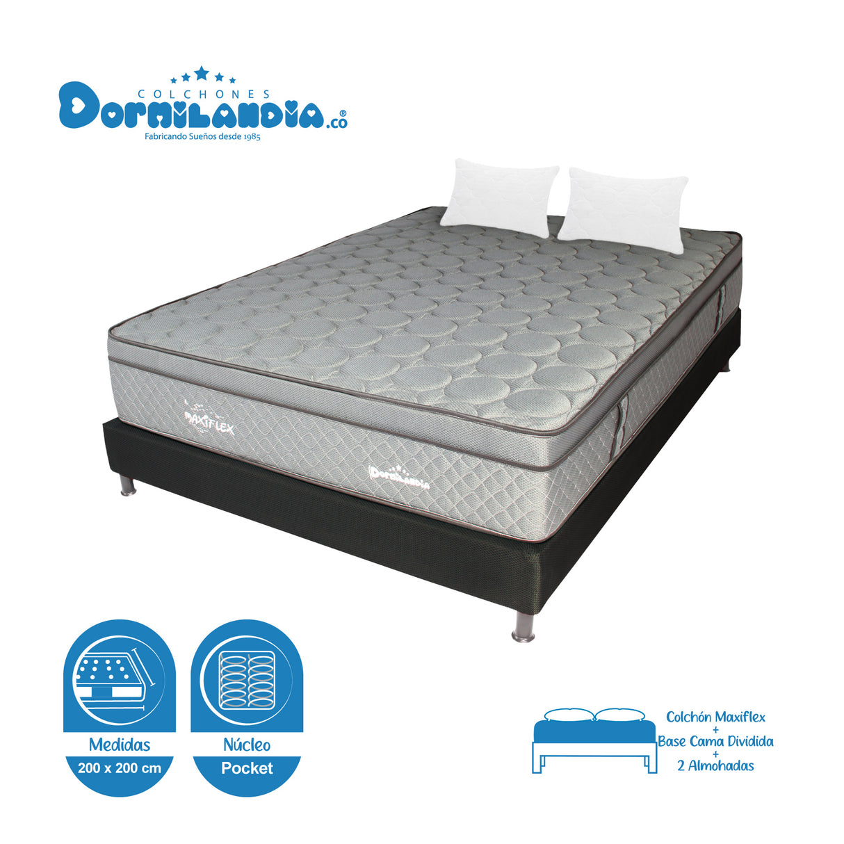 Combo Base Cama y Colchón Maxiflex Gris y Negro King 200 X 200 Cm Firmeza Suave - COLCHONES | Bylmo