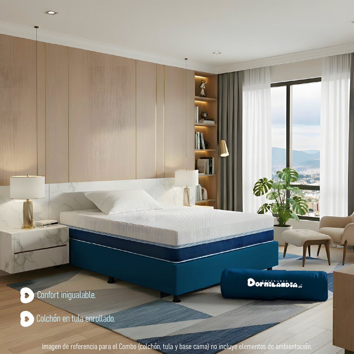 Combo Base Cama y Colchón Enrollado Multisleep Blanco y Azul Sencillo 100 X 190 Cm Firmeza Medio Doble Faz