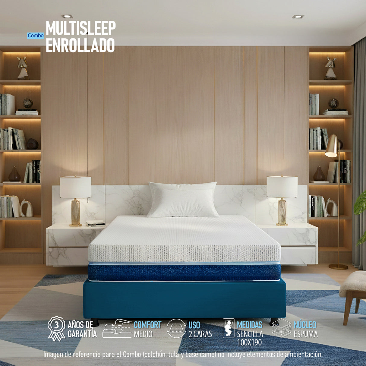 Combo Base Cama y Colchón Enrollado Multisleep Blanco y Azul Sencillo 100 X 190 Cm Firmeza Medio Doble Faz